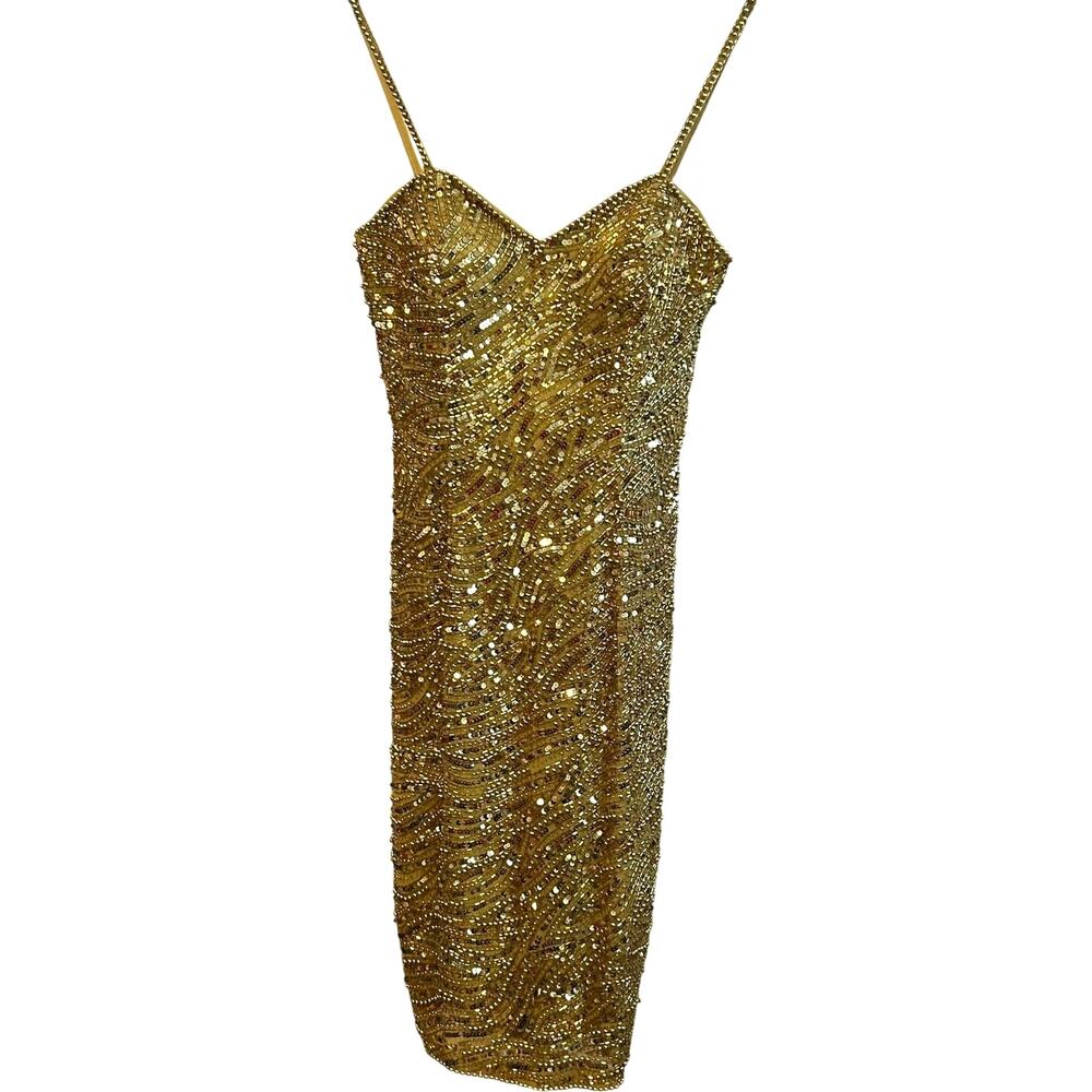 VTG Nite Line AJ Bari Gold Beaded Silk Dress Sweetheart Evening Gown 4 Trophy